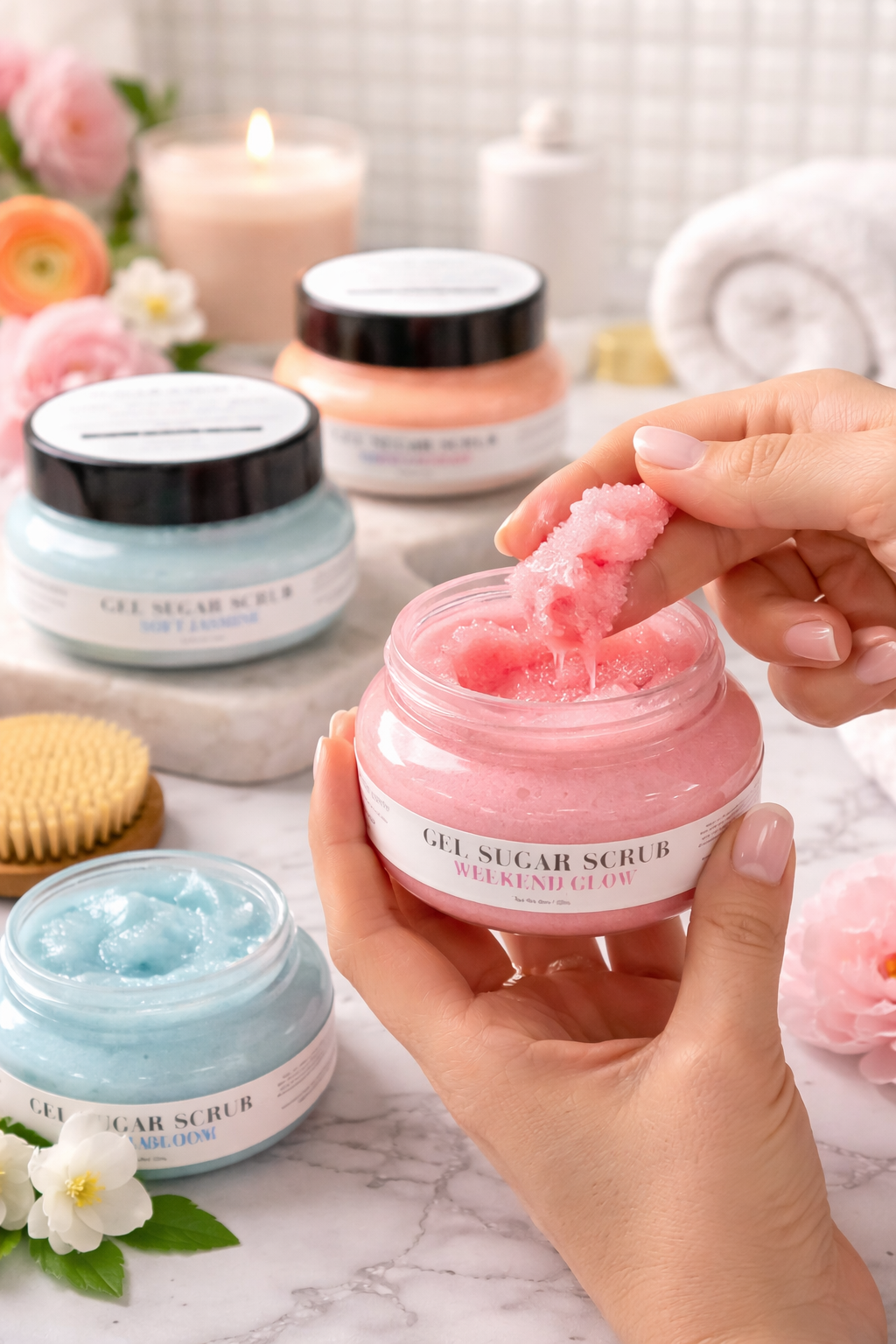 Pink sugar scrub jar with hand holding it, surrounded by other jars on a marble surface.