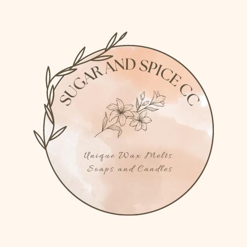 A shower steamer product from Sugar and Spice CC, featuring a logo with floral elements and the text 'Unique Wax Molds Soaps and Candles'.
